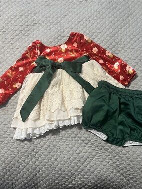 Girls' Red Floral & Cream Lace Party Dress with Green Bow